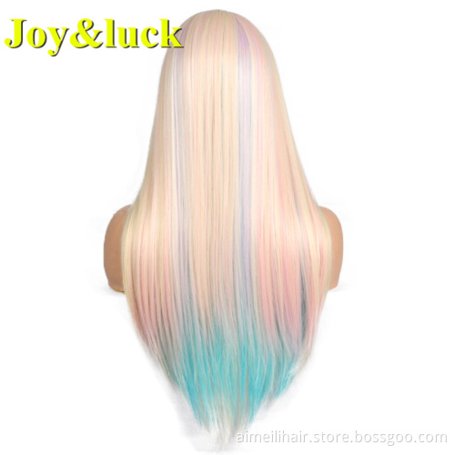 Wholesale Price Ladies Hair Cosplay Or party Natural Long Straight Ombre Pink Green Blue Lace Front Synthetic Women Hair Wig